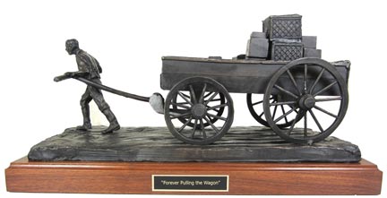 Man pulling 1800's Buckboard Wagon bronze statue 12