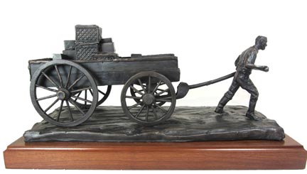 Man pulling 1800's Buckboard Wagon bronze statue 10