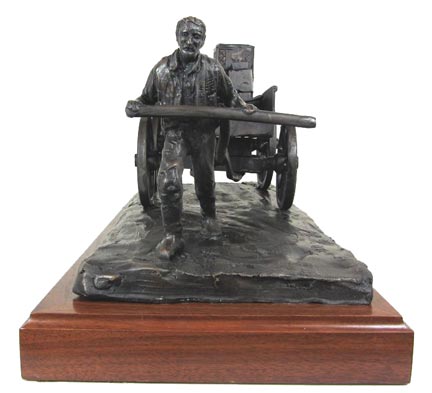 Man pulling 1800's Buckboard Wagon bronze statue 8