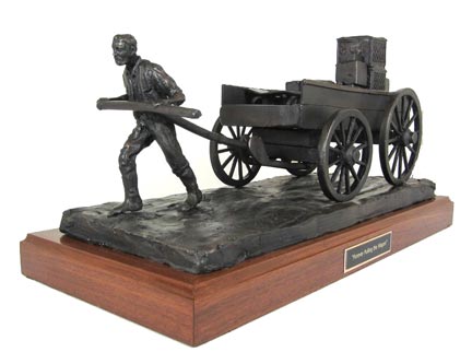 Man pulling 1800's Buckboard Wagon bronze statue 7