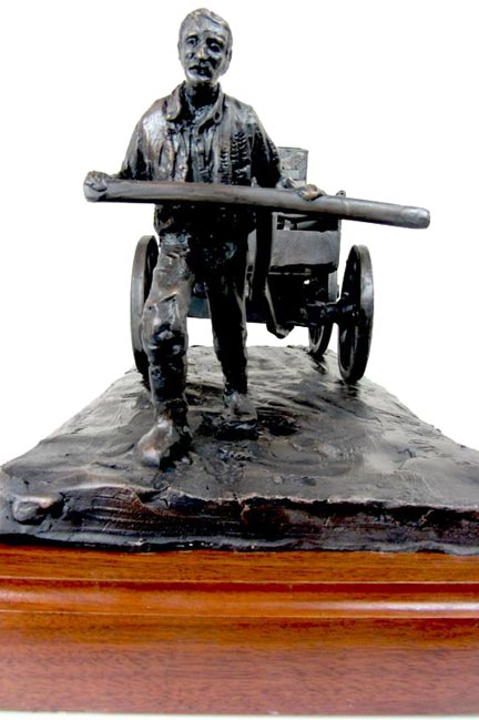 Man pulling 1800's Buckboard Wagon bronze statue 5