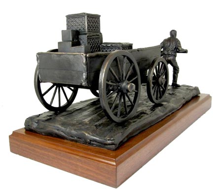 Man pulling 1800's Buckboard Wagon bronze statue 4